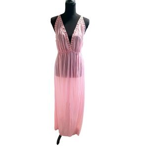 Vintage Sheer Light Pink Lace-Trim Maxi Chemise Size Medium